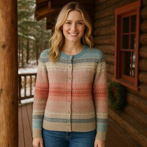 Talbots Colorful Argyle Mohair Lambswool Button Cardigan Cabincore Nordic Cozy M